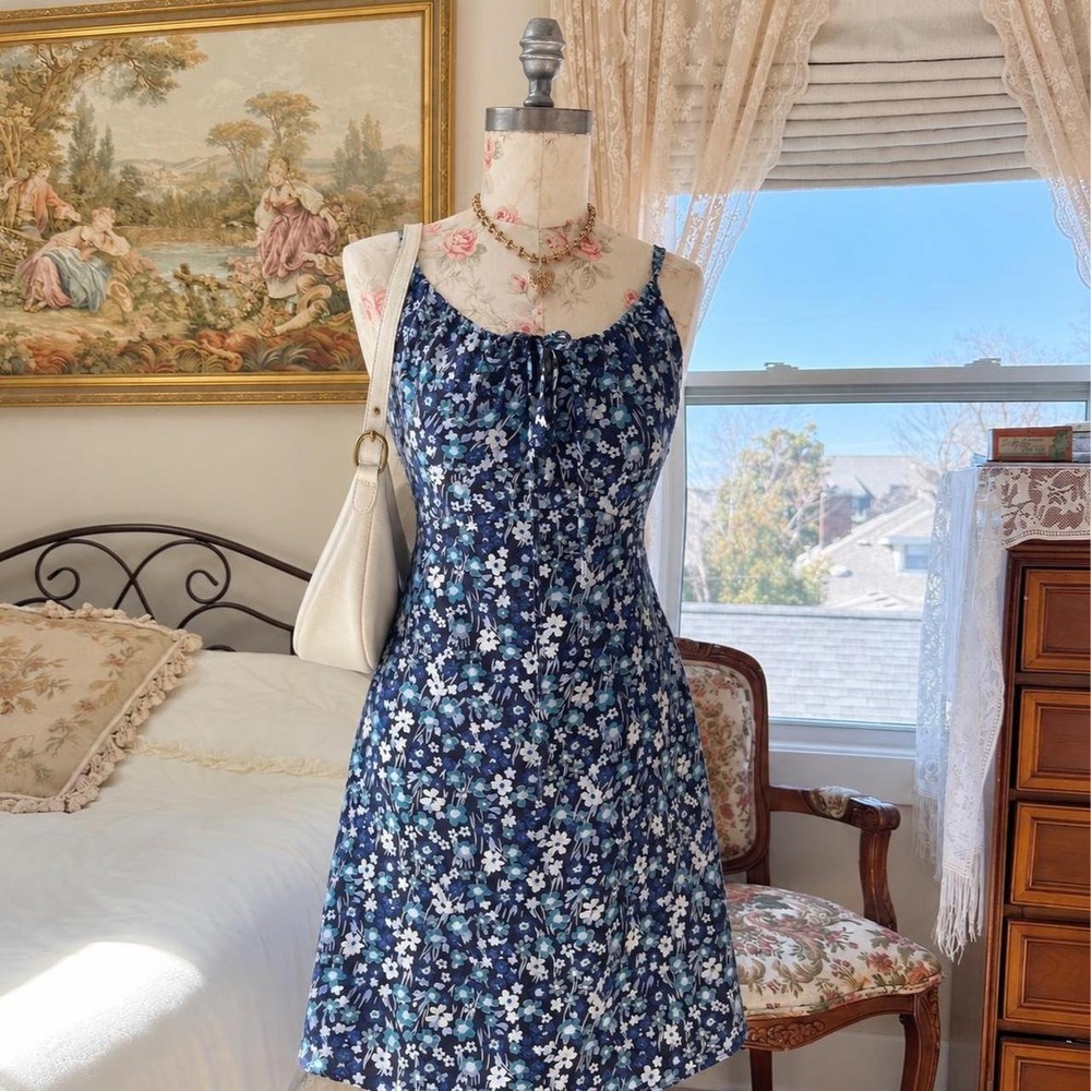 y2k blue floral mini dress front tie spaghetti strap mini dress